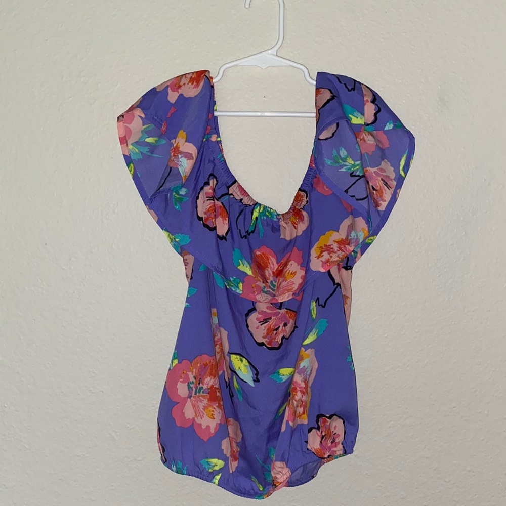 Purple off the shoulder top. With pink flowers.